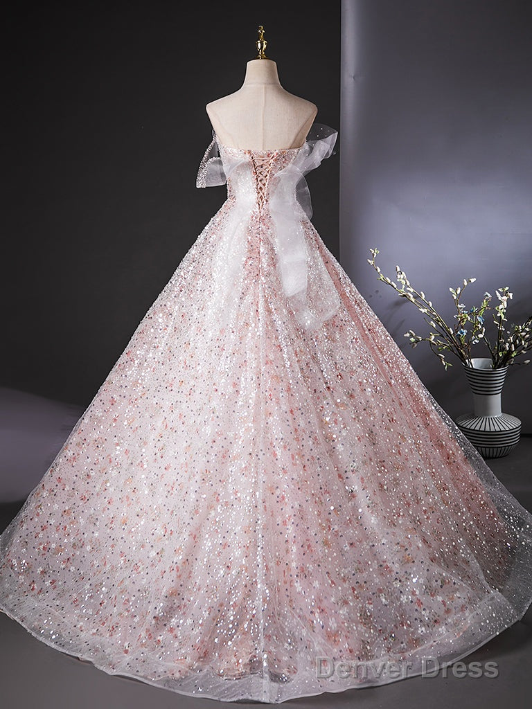 A-Line Tulle Lace Sequin Pink Long Prom Dress, Pink Long Evening Dress Secondary image