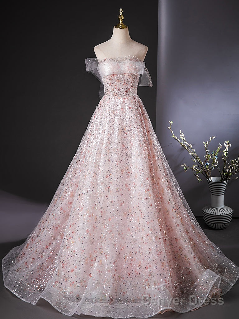 A-Line Tulle Lace Sequin Pink Long Prom Dress, Pink Long Evening Dress Main image