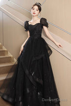 A-Line Tulle Lace Short Sleeve Prom Dress, Lovely Floor Length Evening Party Dress
