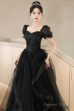 A-Line Tulle Lace Short Sleeve Prom Dress, Lovely Floor Length Evening Party Dress