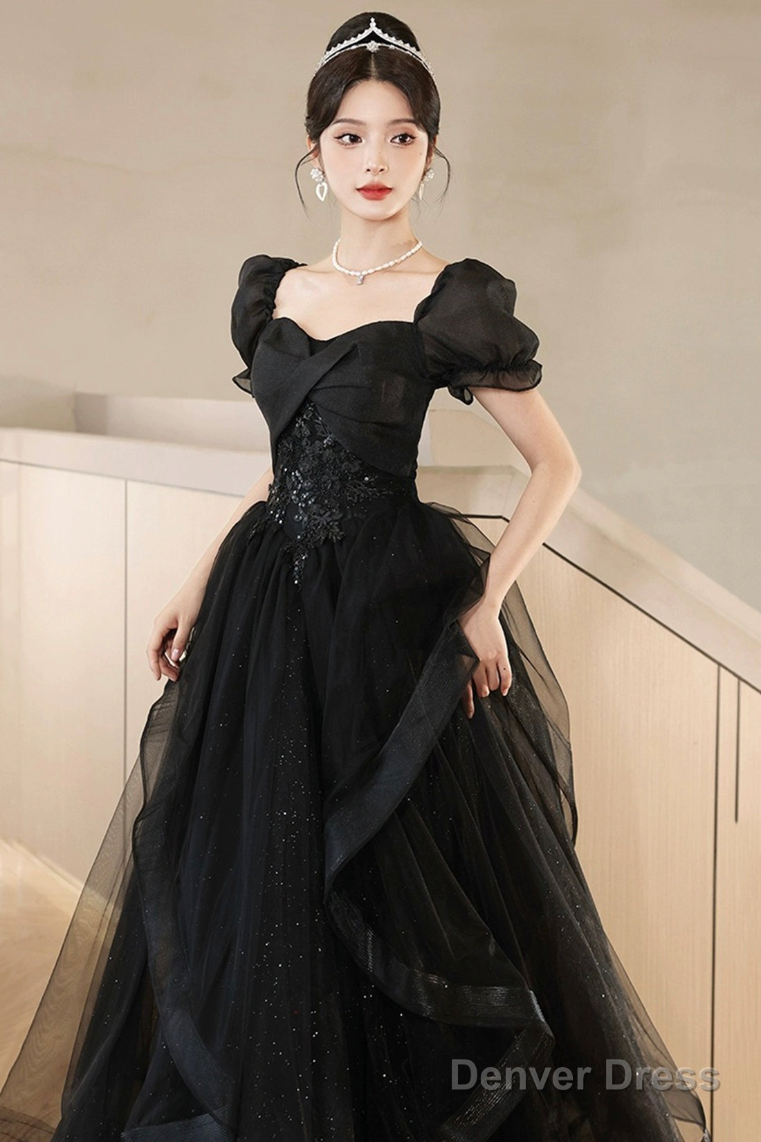A-Line Tulle Lace Short Sleeve Prom Dress, Lovely Floor Length Evening Party Dress