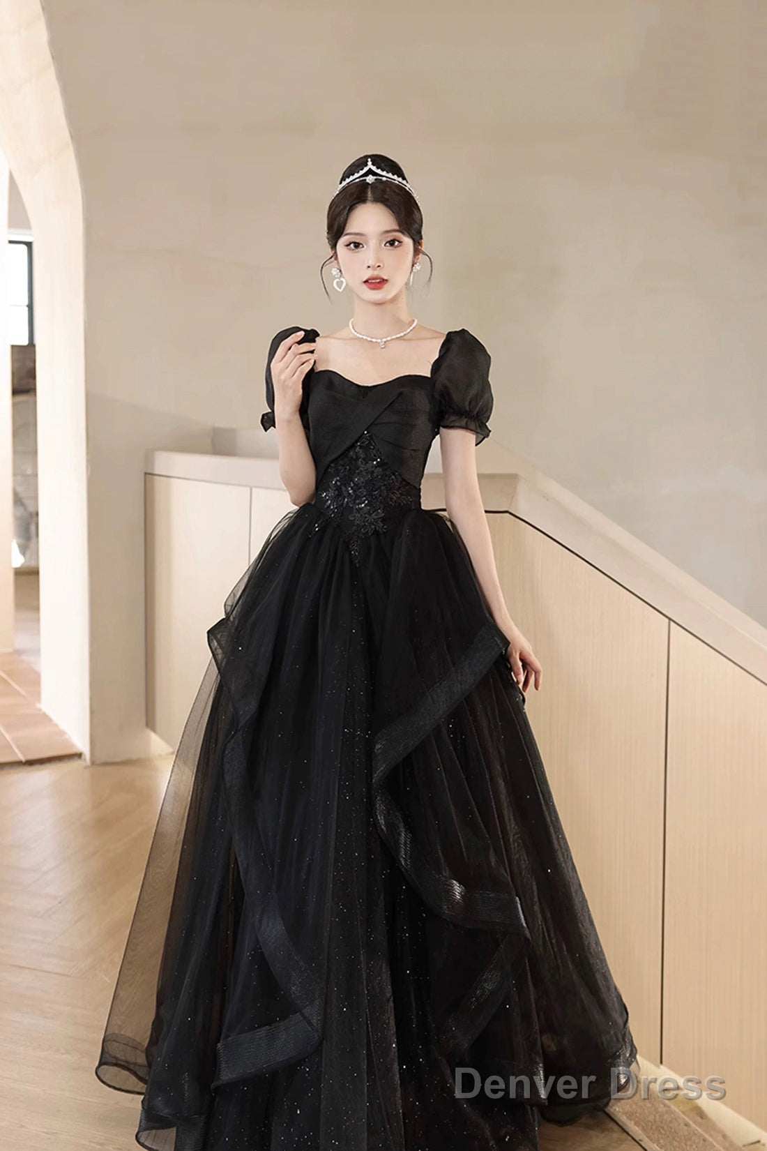 A-Line Tulle Lace Short Sleeve Prom Dress, Lovely Floor Length Evening Party Dress