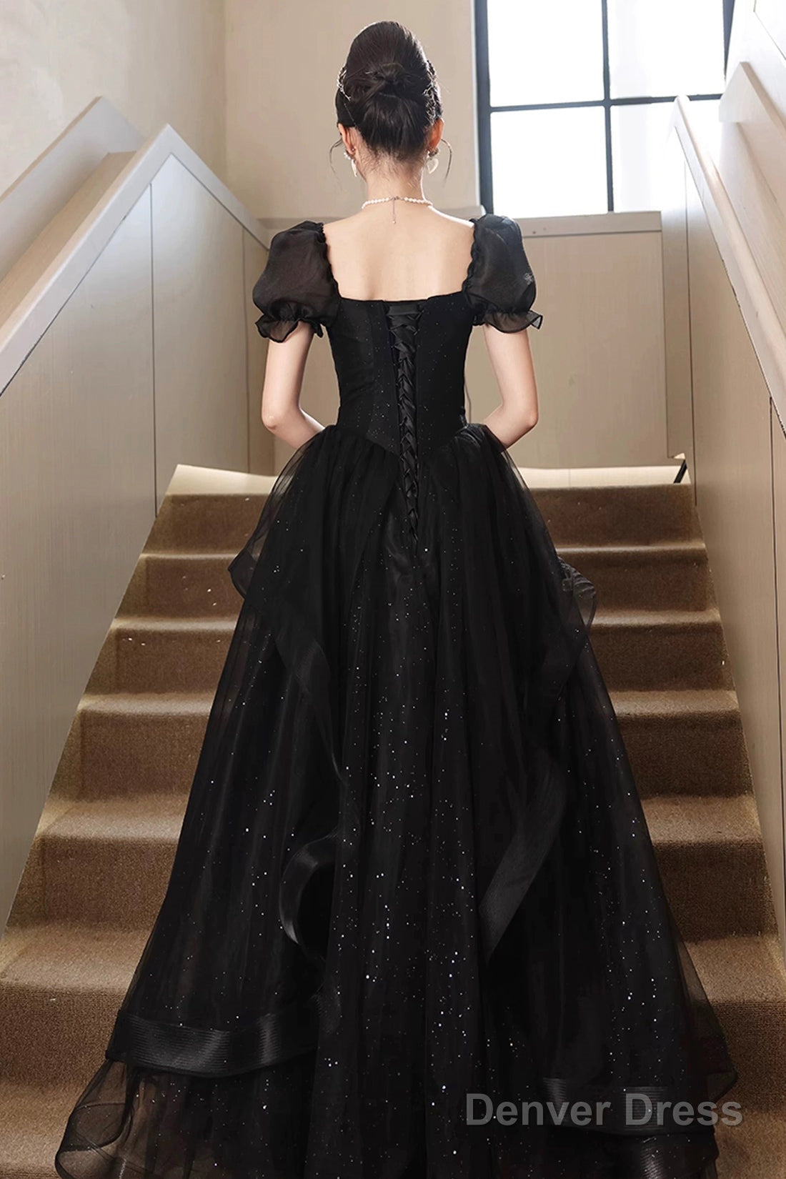 A-Line Tulle Lace Short Sleeve Prom Dress, Lovely Floor Length Evening Party Dress