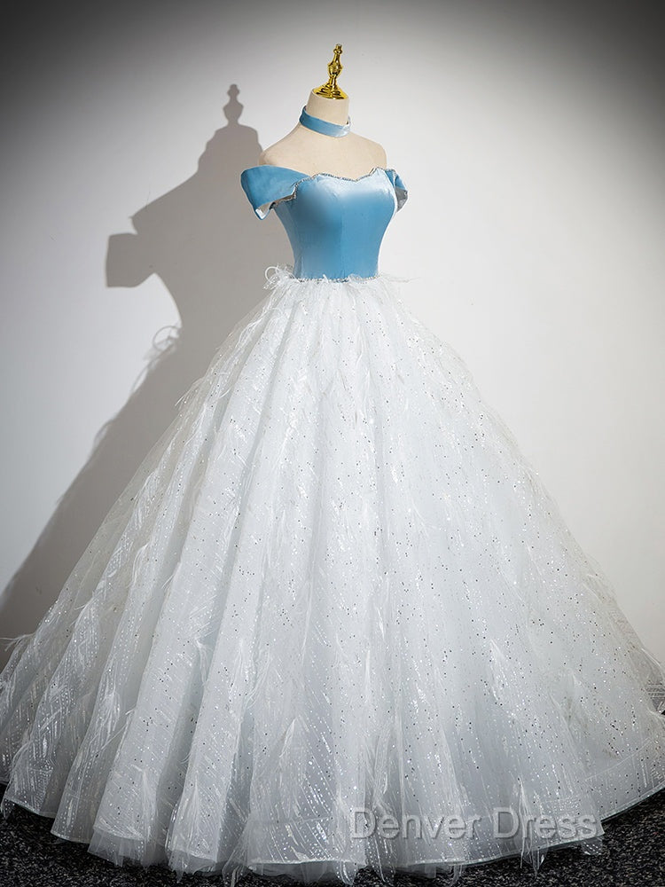 A-Line Tulle Lace White/Blue Long Prom Dresses, White/Blue Long Evening Dresses Secondary image