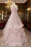 A Line Tulle Layers Long Prom Dress, Cute V Neck Prom Dresses