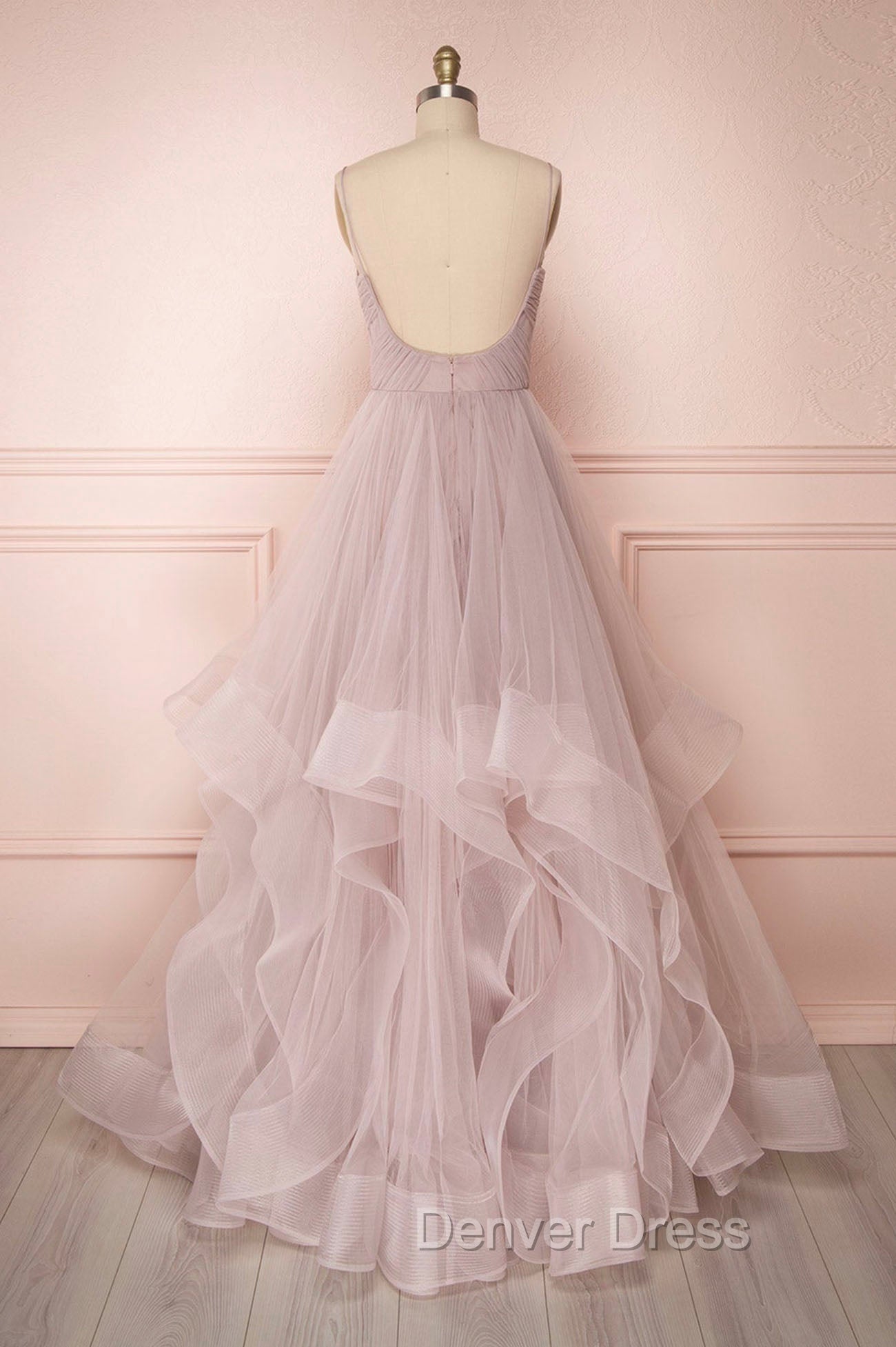 A-Line Tulle Layers Long Formal Dresses, Cute V-Neck Evening Party Dresses
