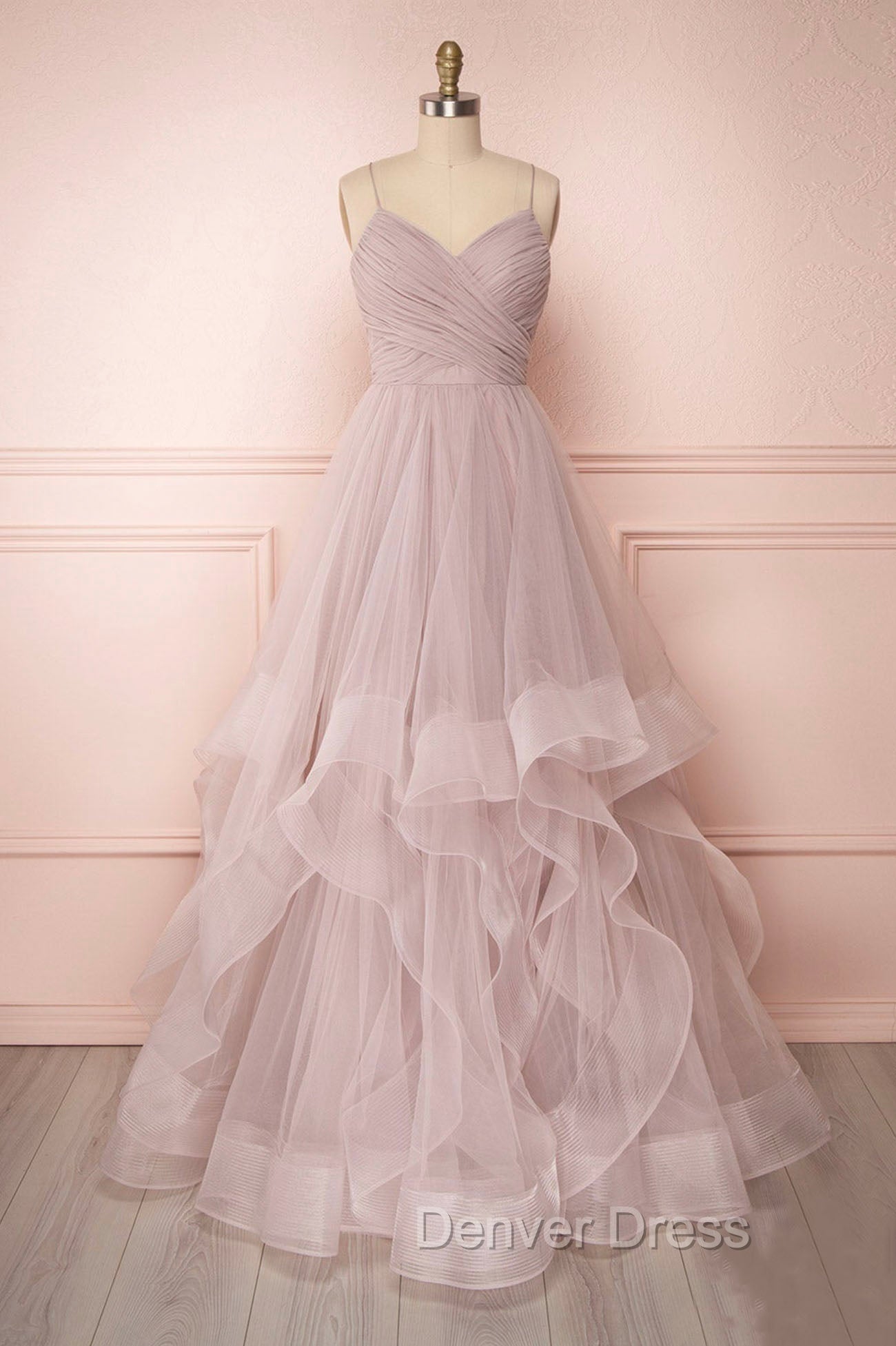 A-Line Tulle Layers Long Formal Dresses, Cute V-Neck Evening Party Dresses Main image