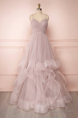 A-Line Tulle Layers Long Formal Dress, Cute V-Neck Evening Party Dress