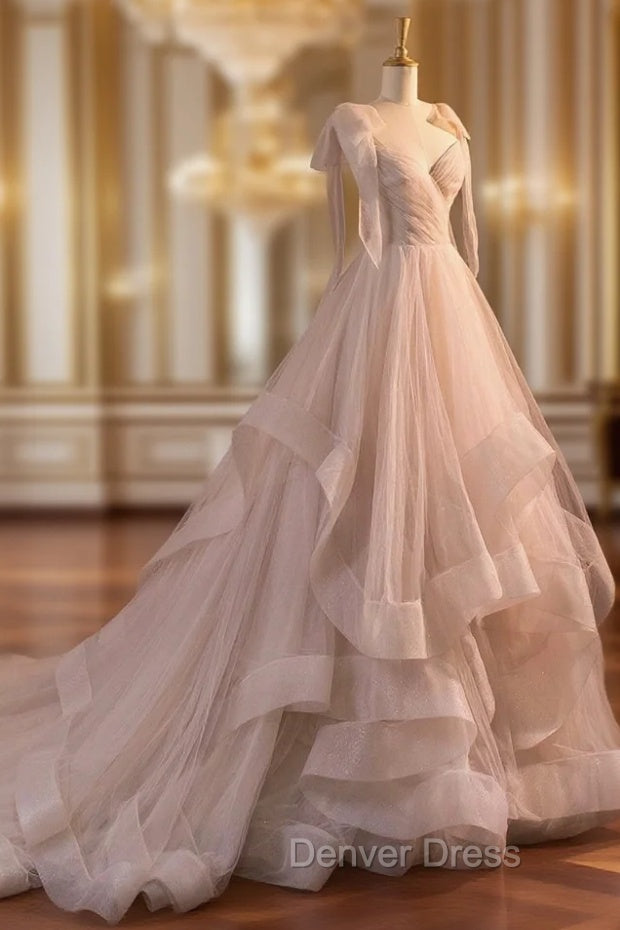 A-Line Tulle Layers Long Formal Dresses, Spaghetti Straps Party Dresses with Bow