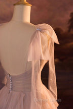 A-Line Tulle Layers Long Formal Dresses, Spaghetti Straps Party Dresses with Bow