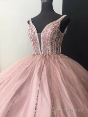 A-Line Tulle Long Formal Dress Pink Prom Dress,
