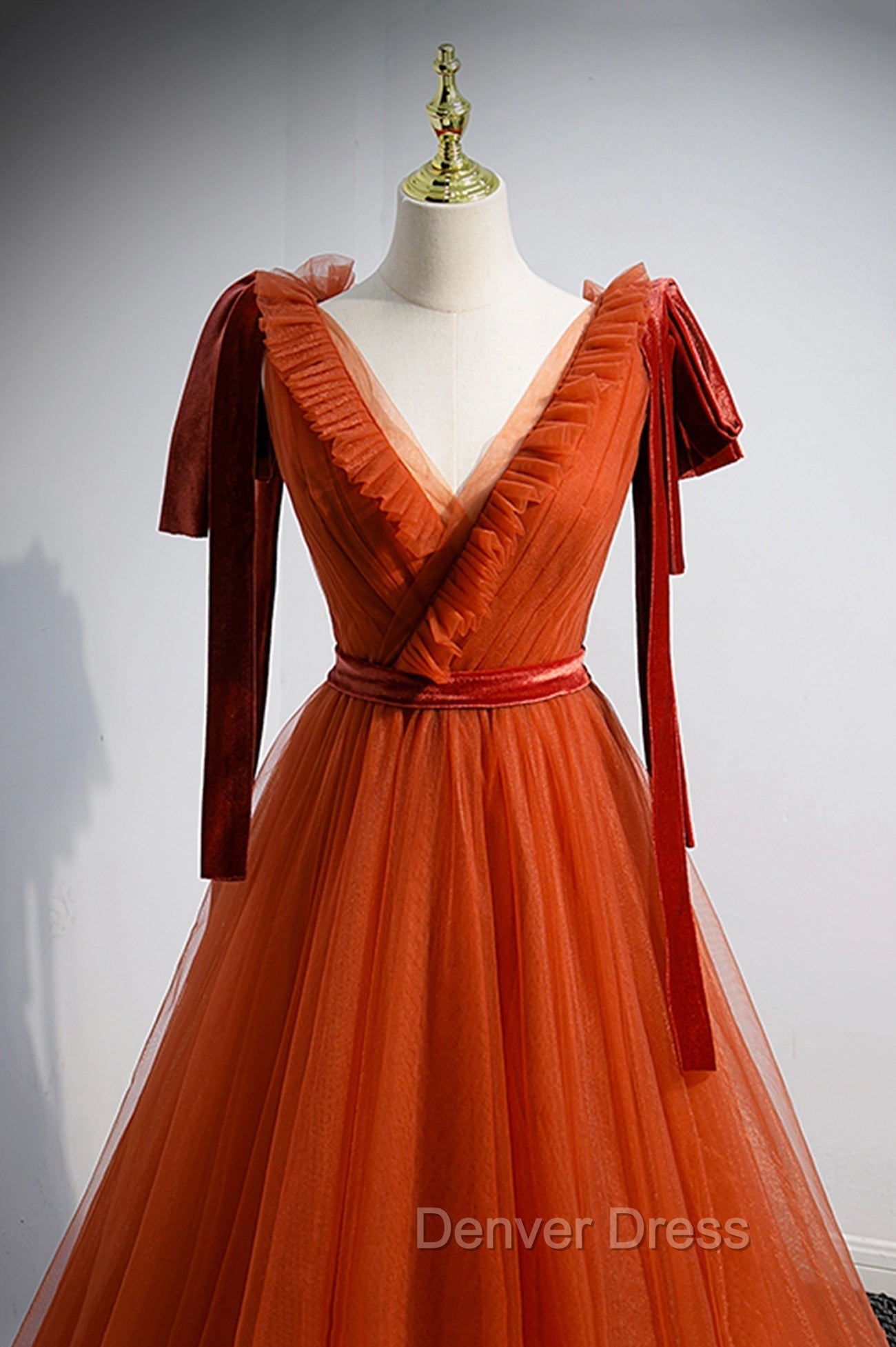 A-Line Tulle Long Prom Dresses, Orange V-Neck Long Simple Evening Dresses Secondary image