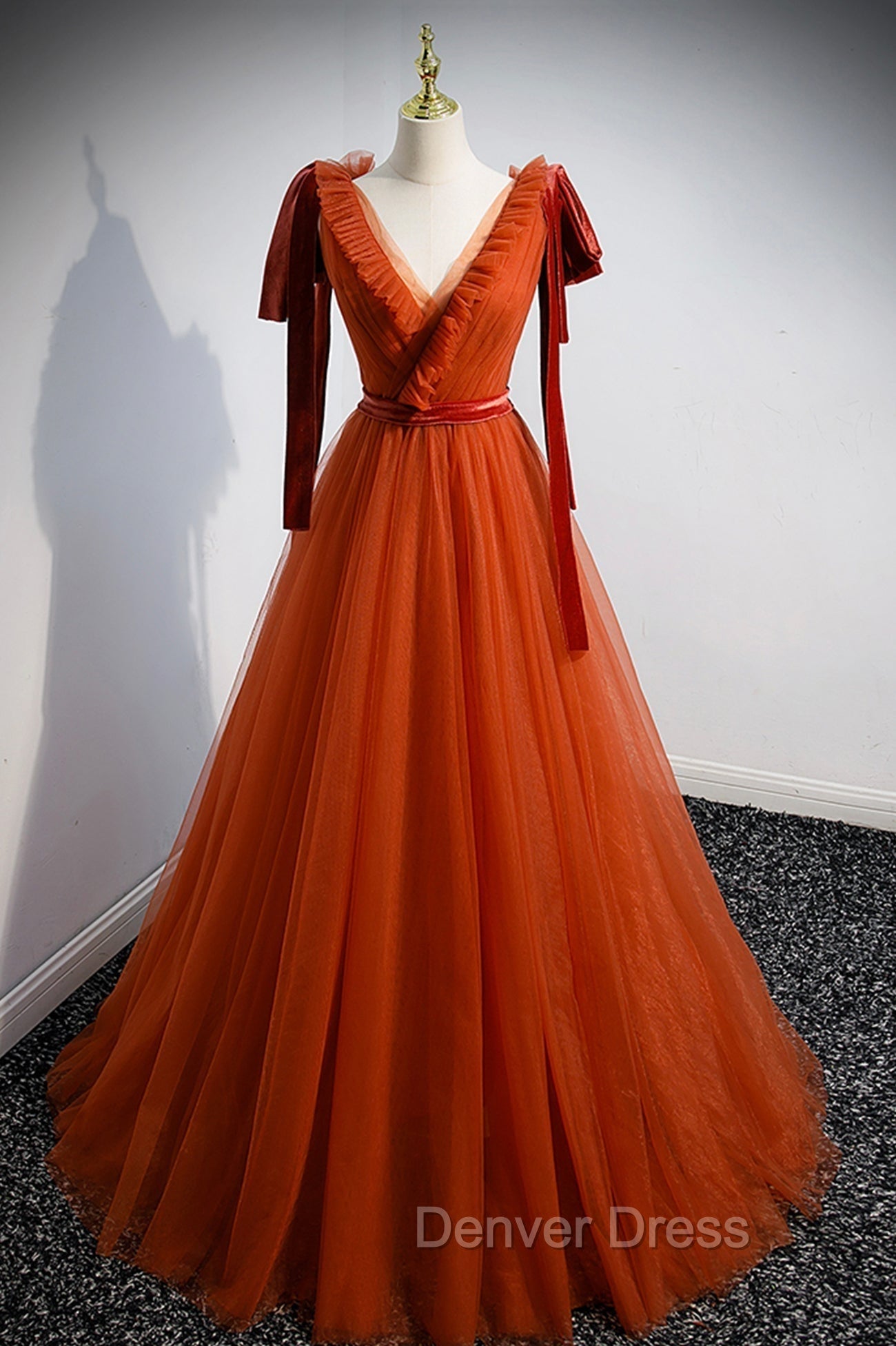 A-Line Tulle Long Prom Dresses, Orange V-Neck Long Simple Evening Dresses Main image