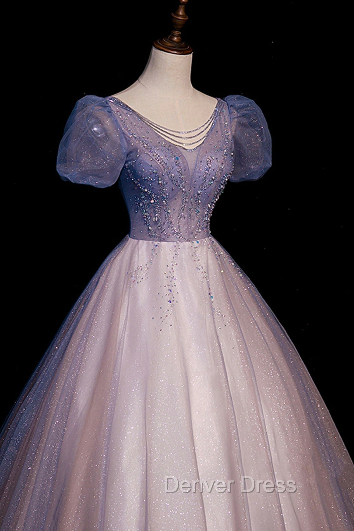 A-Line Tulle Long Prom Dresses with Beaded, Blue Short Sleeve Evening Dresses Secondary image