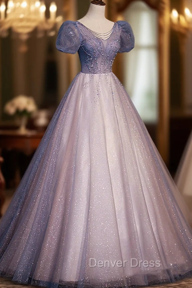 A Line Tulle Long Prom Dress with Beaded, Blue Short Sleeve Prom Dresses