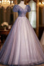 A Line Tulle Long Prom Dress with Beaded, Blue Short Sleeve Prom Dresses