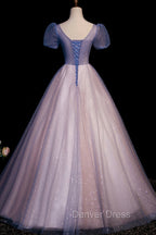 A-Line Tulle Long Prom Dresses with Beaded, Blue Short Sleeve Evening Dresses