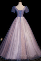 A Line Tulle Long Prom Dress with Beaded, Blue Short Sleeve Prom Dresses