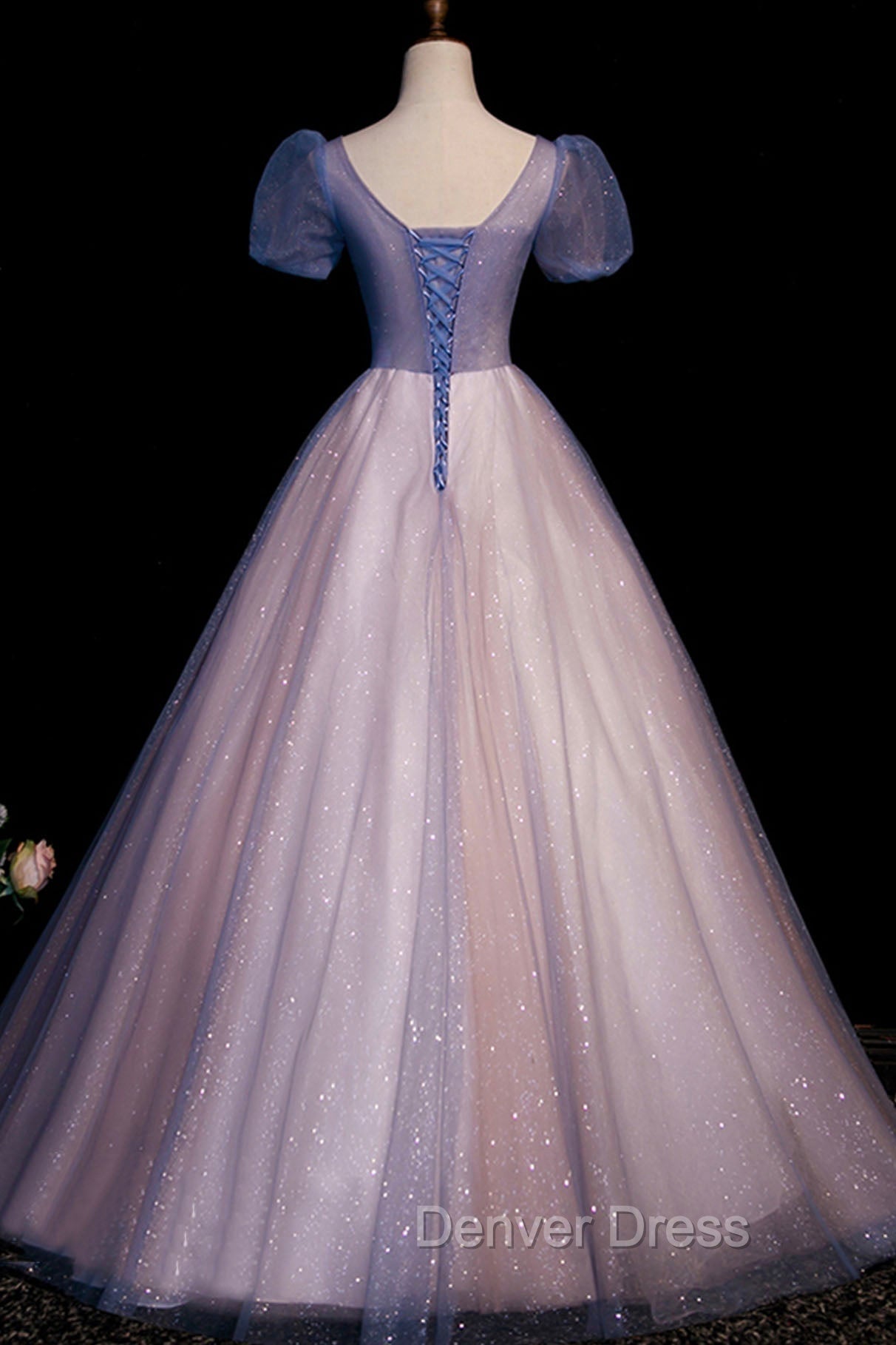 A Line Tulle Long Prom Dress with Beaded, Blue Short Sleeve Prom Dresses