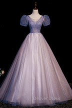 A Line Tulle Long Prom Dress with Beaded, Blue Short Sleeve Prom Dresses
