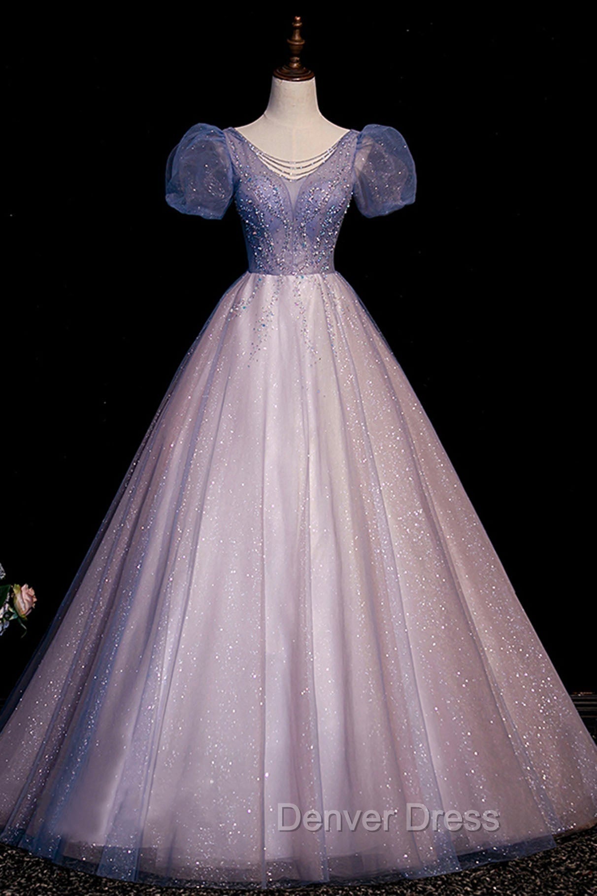 A Line Tulle Long Prom Dress with Beaded, Blue Short Sleeve Prom Dresses