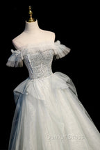 A Line Tulle Long Prom Dresses with Beading