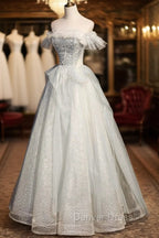 A Line Tulle Long Prom Dresses with Beading