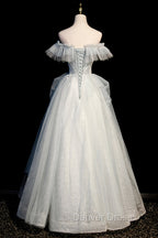 A Line Tulle Long Prom Dresses with Beading