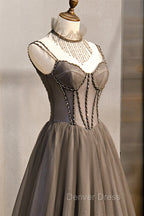 A Line Tulle Long Prom Dress with Beading, Cute Prom Dresses