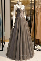 A-Line Tulle Long Prom Dresses with Beading, Cute Evening Party Dresses