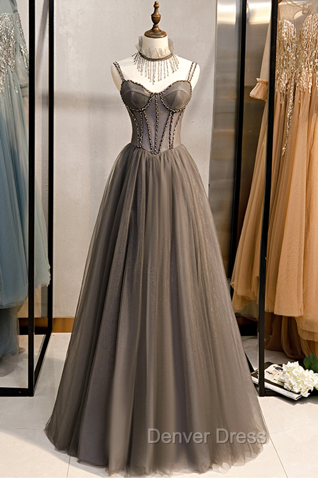 A-Line Tulle Long Prom Dresses with Beading, Cute Evening Party Dresses Main image