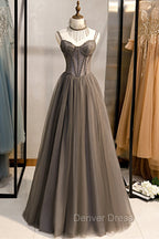 A-Line Tulle Long Prom Dresses with Beading, Cute Evening Party Dresses