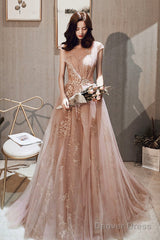 A-Line Tulle Long Prom Dress With Sequins, Cute Evening Party Dress