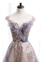 A Line Tulle Long Prom Dress with Sequins, Cute Scoop Neckline Prom Dresses