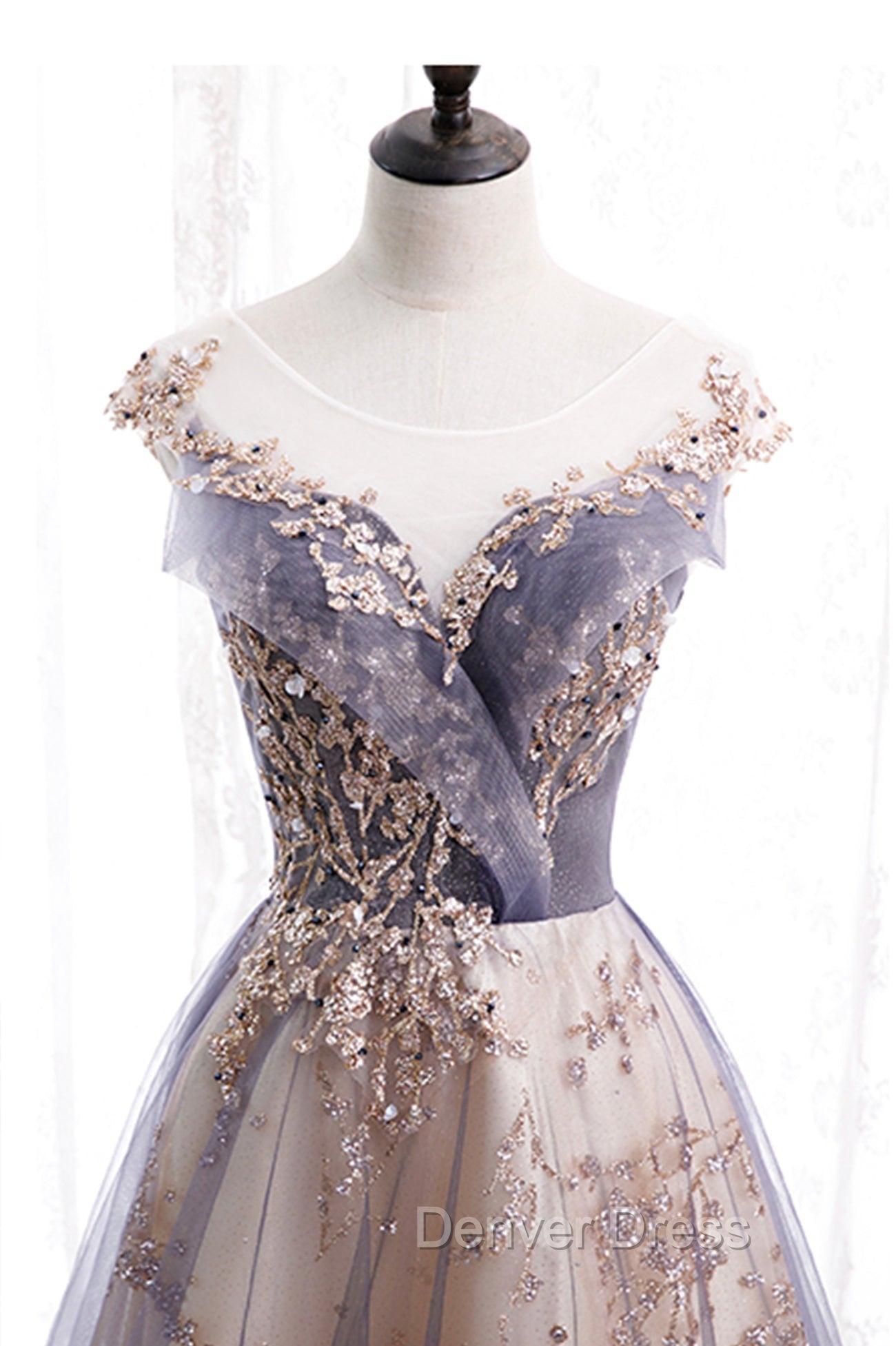 A Line Tulle Long Prom Dress with Sequins, Cute Scoop Neckline Prom Dresses
