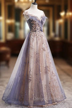 A Line Tulle Long Prom Dress with Sequins, Cute Scoop Neckline Prom Dresses