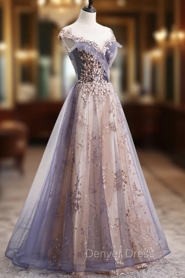 A Line Tulle Long Prom Dress with Sequins, Cute Scoop Neckline Prom Dresses