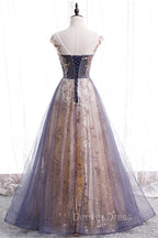 A-Line Tulle Long Prom Dresses with Sequins, Cute Scoop Neckline Evening Dresses