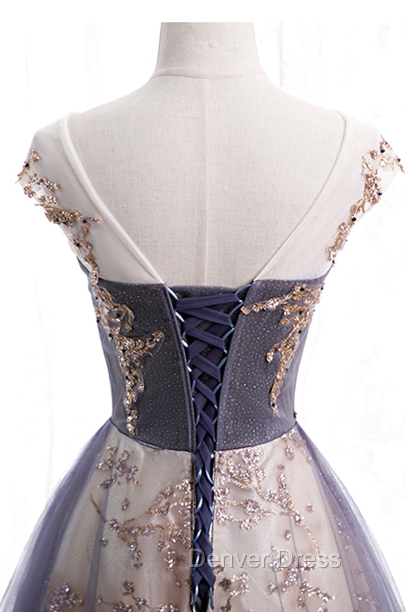 A Line Tulle Long Prom Dress with Sequins, Cute Scoop Neckline Prom Dresses