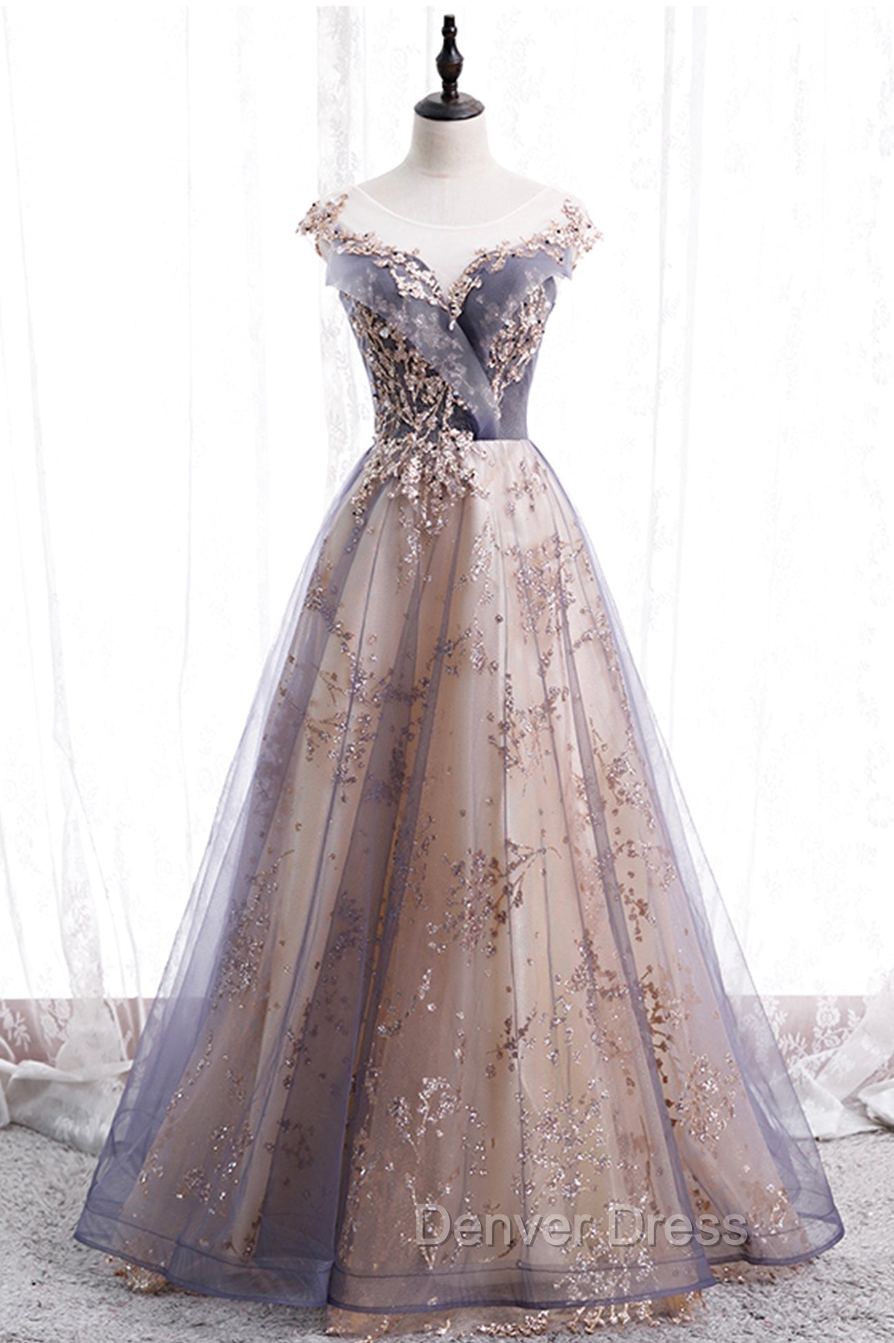 A Line Tulle Long Prom Dress with Sequins, Cute Scoop Neckline Prom Dresses