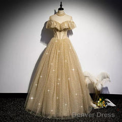 A Line Tulle Long Prom Dresses