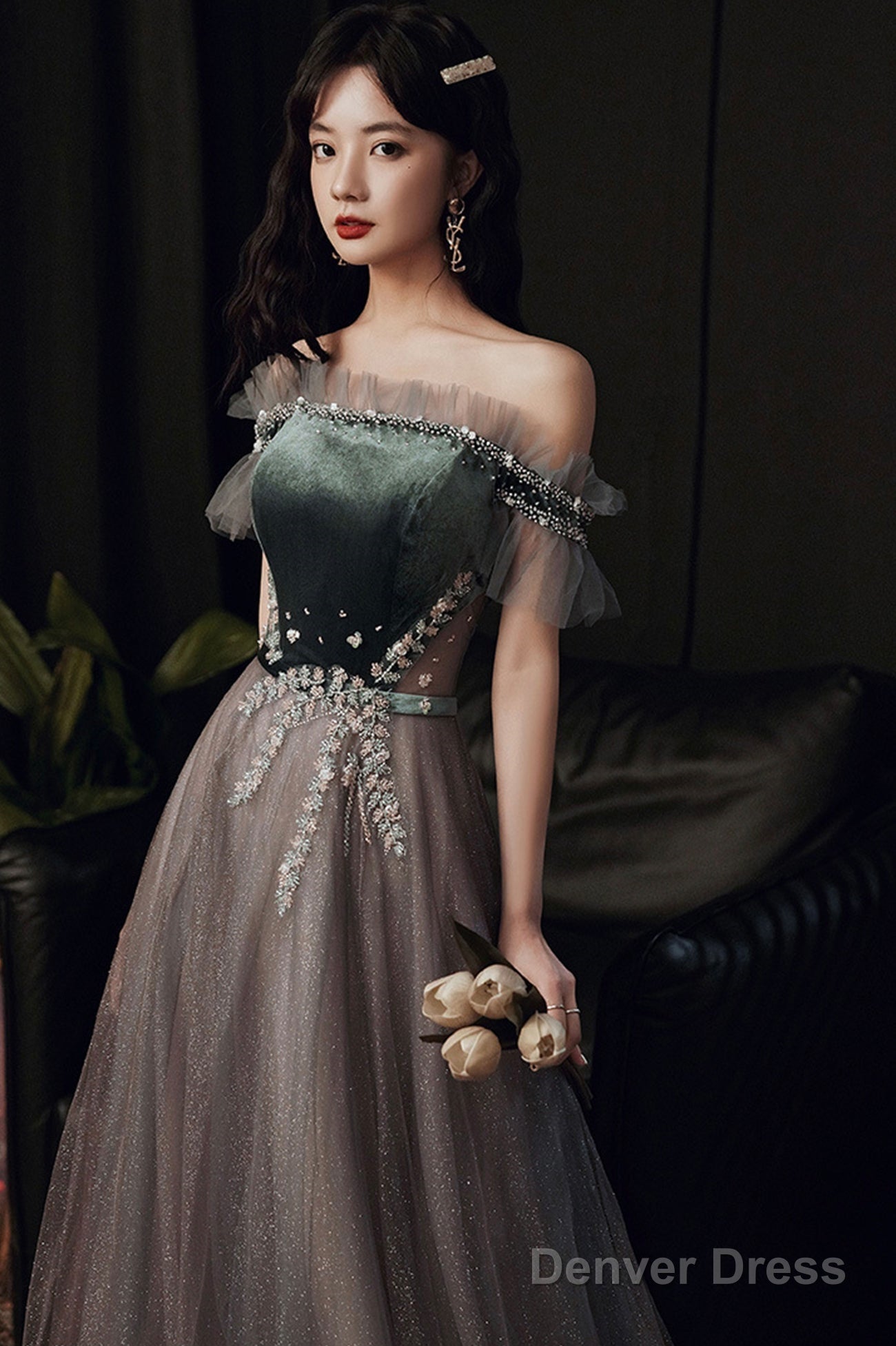 A-Line Tulle Off The Shoulder Prom Dresses, Gray Evening Dresses Secondary image