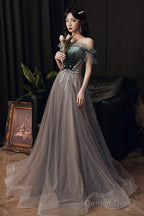 A-Line Tulle Off The Shoulder Prom Dresses, Gray Evening Dresses