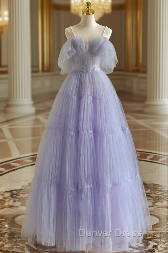 A-Line Tulle Purple Long Prom Dresses, Purple Long Graduation Dresses Main image