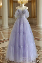 A-Line Tulle Purple Long Prom Dresses, Purple Long Graduation Dresses