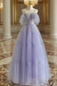 A-Line Tulle Purple Long Prom Dresses, Purple Long Graduation Dresses