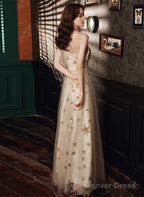 A-Line Tulle Round Neckline Champagne Prom Dress, Champagne Evening Dress