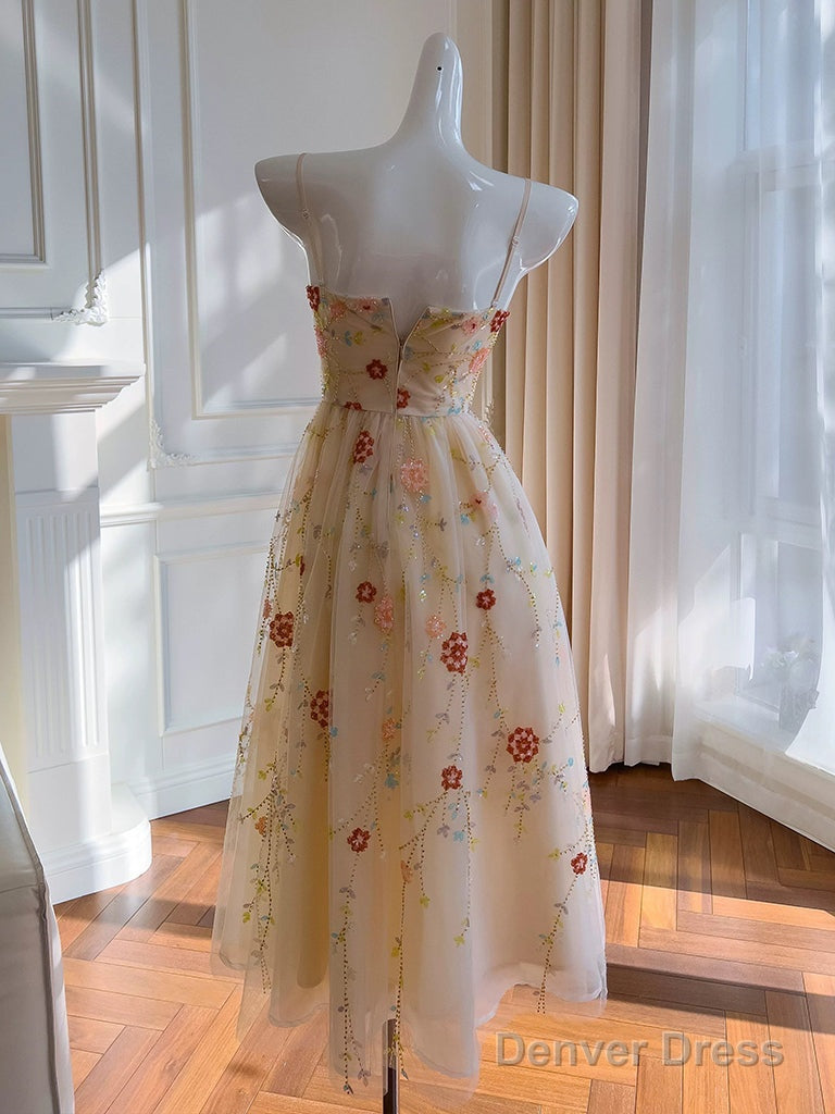 A-Line Tulle Sequin Beads Champagne Tea Length Prom Dress, Champagne Homecoming Dress