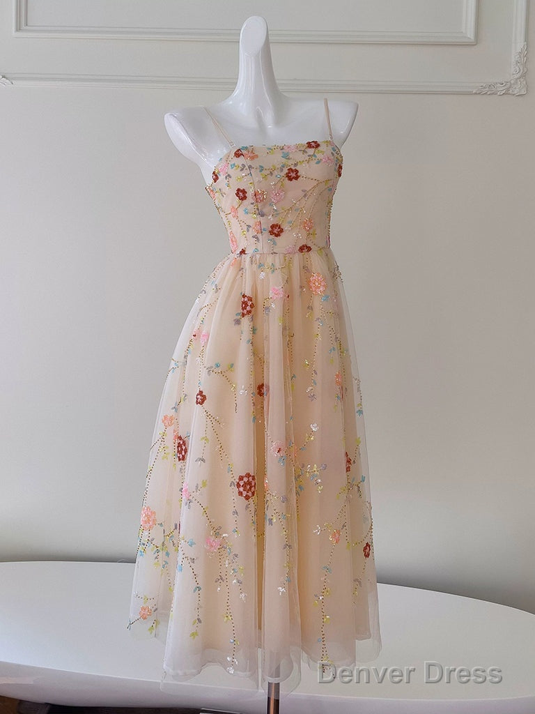A Line Tulle Sequin Beads Champagne Tea Length Prom Dress, Champagne Homecoming Dresses Main image