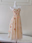 A Line Tulle Sequin Beads Champagne Tea Length Prom Dress, Champagne Homecoming Dresses